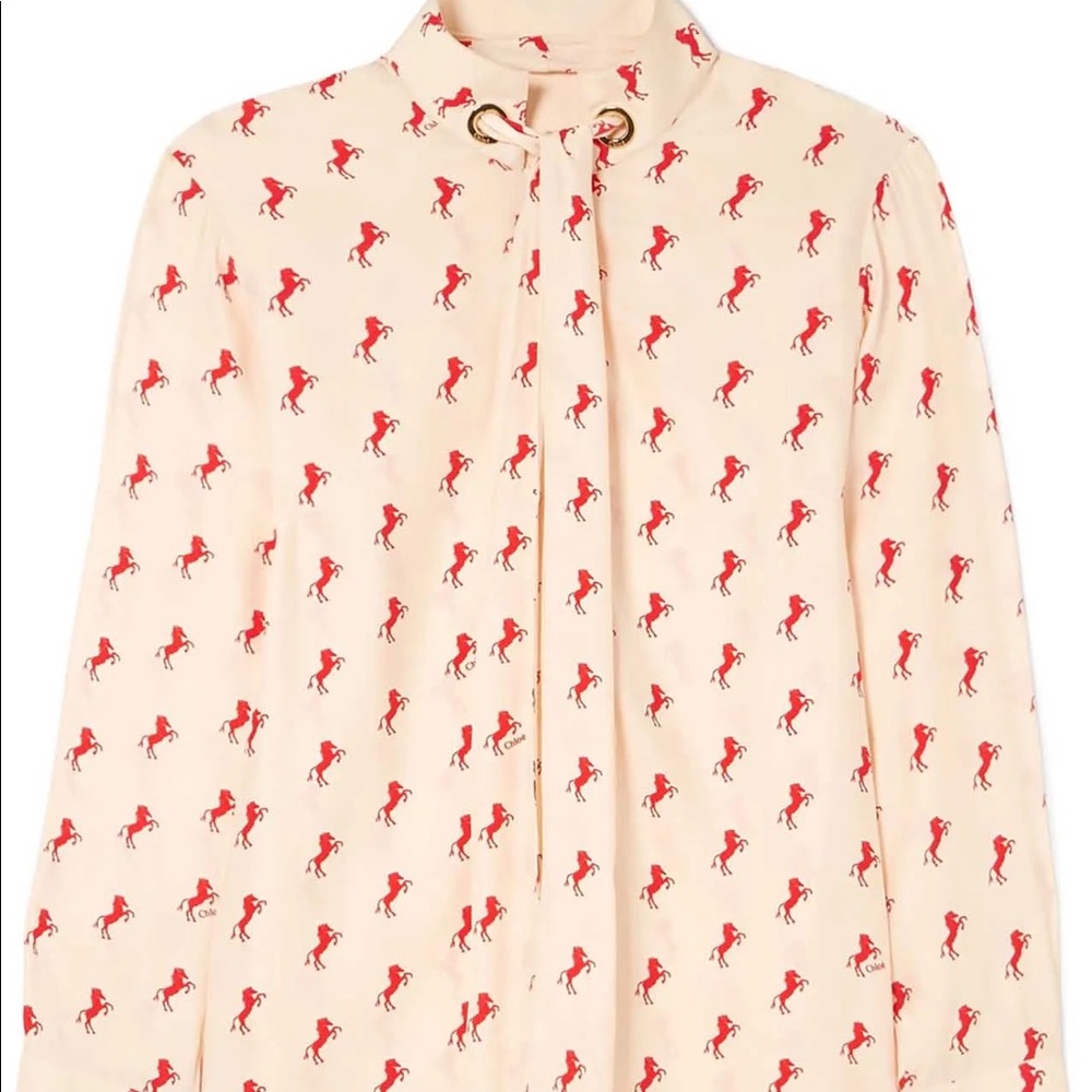 ISO Chloe red horse printed pussy-bow silk-crepe blouse